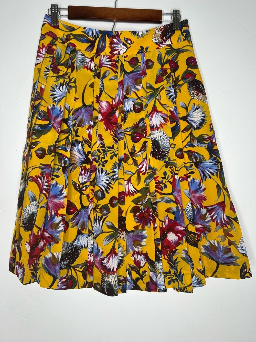J. Crew Golden Yellow Floral Pleated Silk Midi Skirt Size 4 Fall Autumn Office